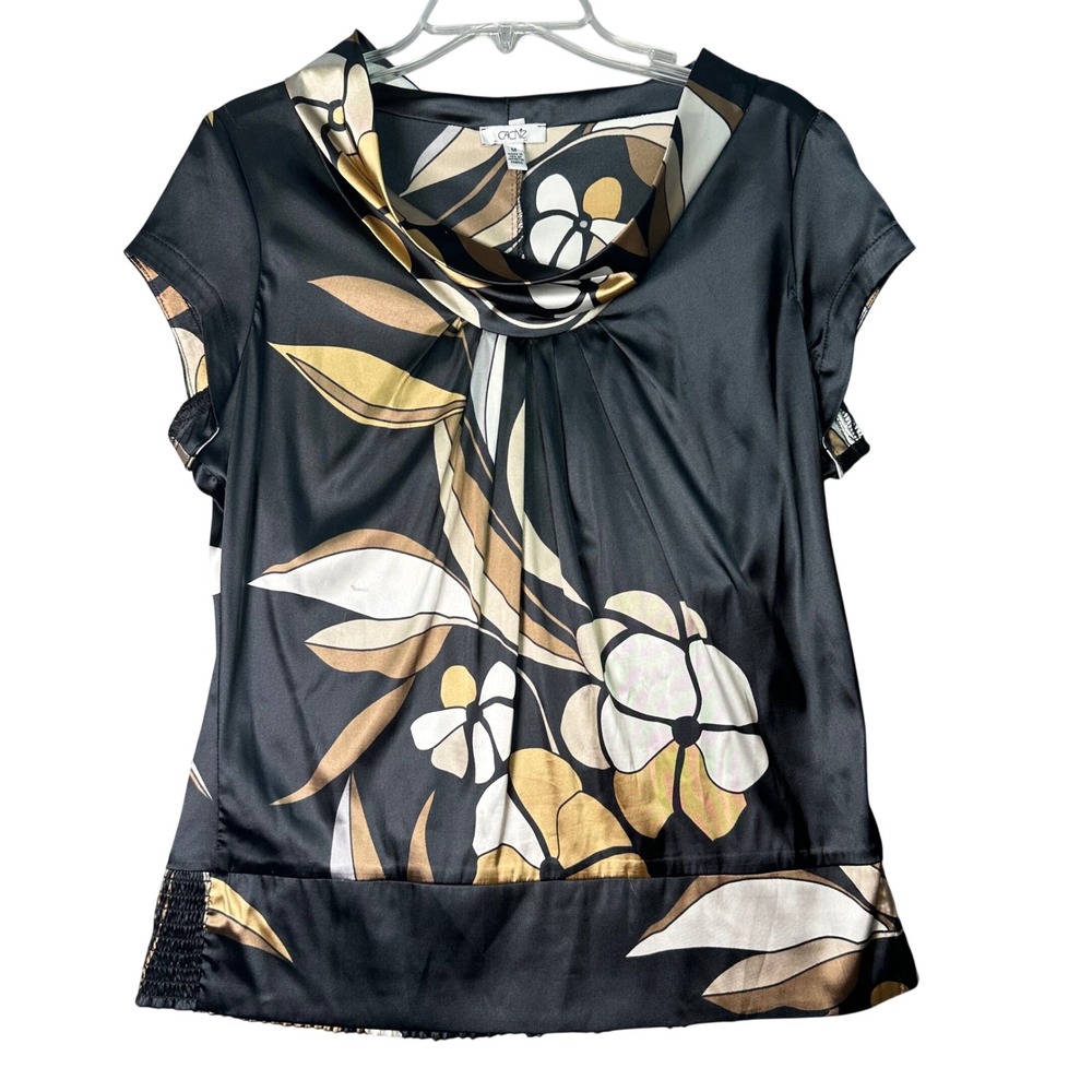 Cache Floral Cowl Neck Satin Blouse Y2K Chic Size Medium Black Gold White